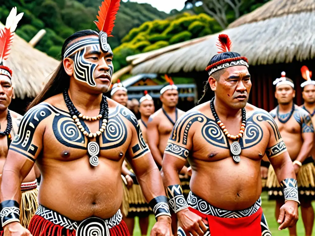 Una impactante fotografía 8k detallando una ceremonia maorí en un marae, con un haka poderoso y vibrante
