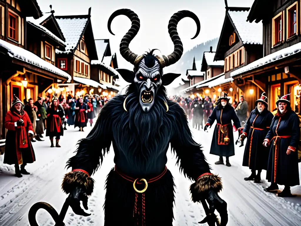 Una impactante procesión de Krampusnacht en los Alpes: figuras amenazantes, multitud expectante, antorchas y sombras alargadas