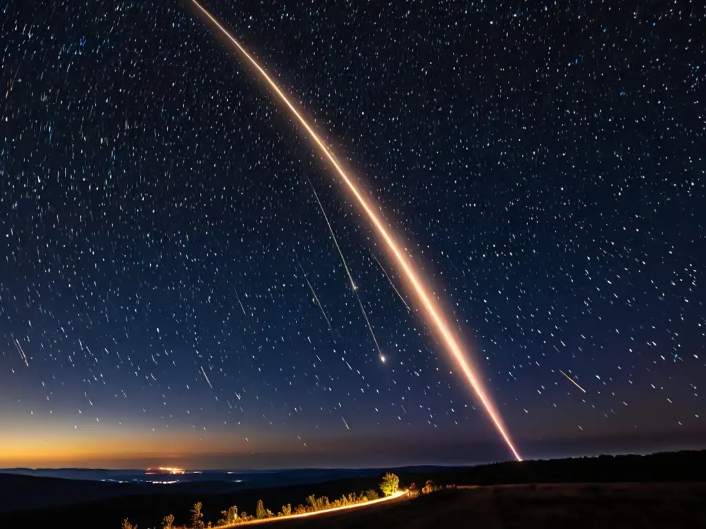 Una impactante noche estrellada con un brillante meteorito, simbolizando el asombro y el misticismo de los meteoritos en culturas ancestrales