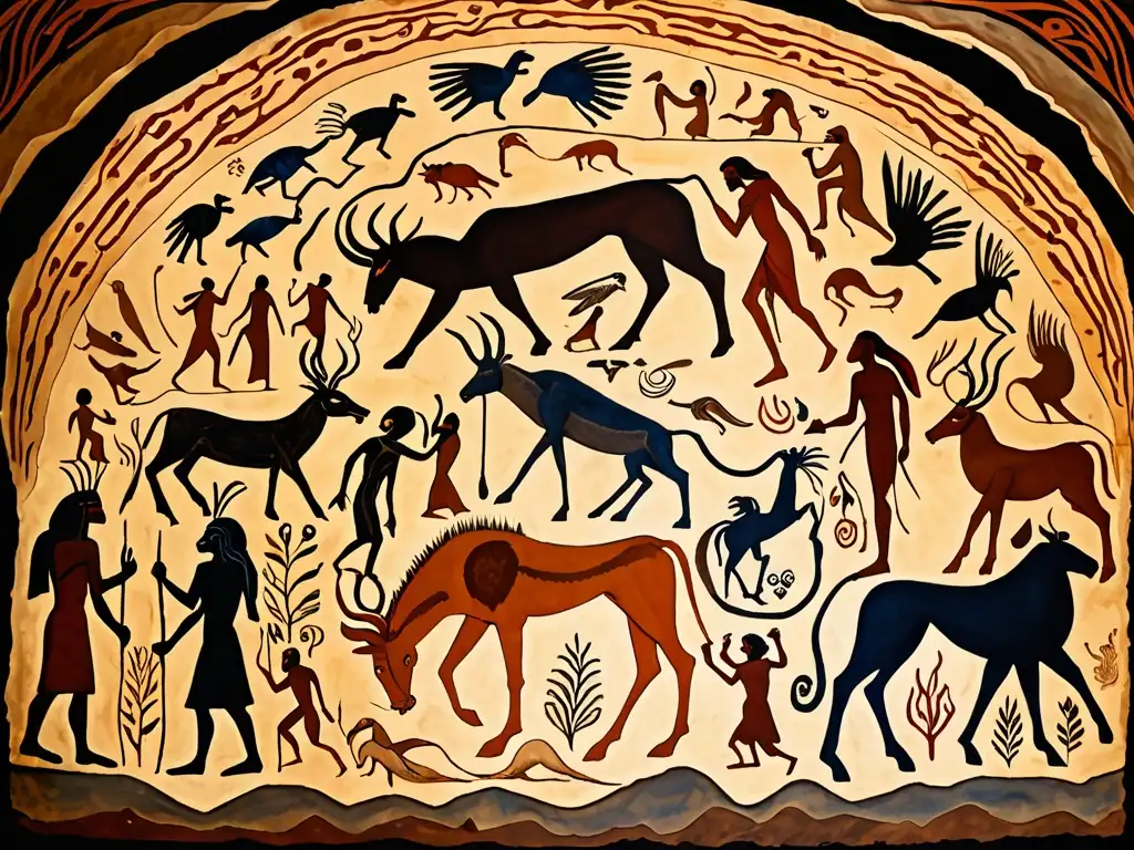 Una impactante pintura rupestre muestra arquetipos junguianos y leyendas mundiales en una escena mítica llena de color y misterio