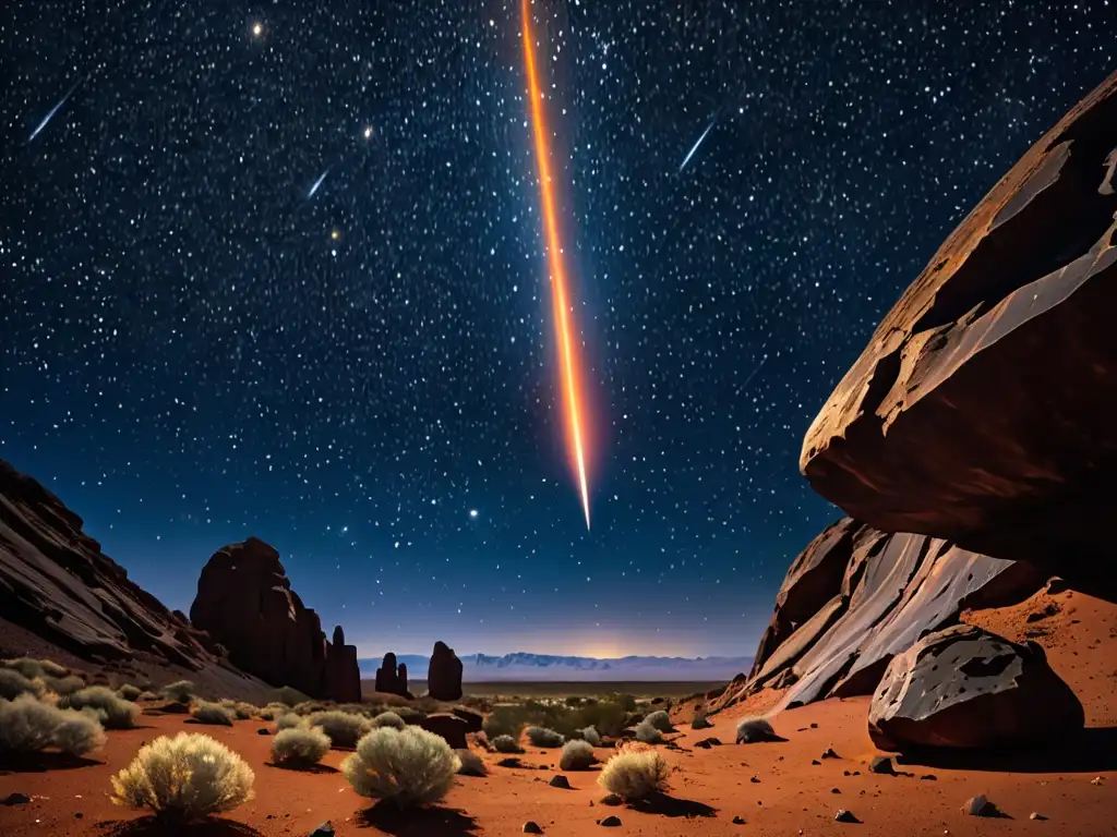 Una impactante vista nocturna estrellada con un brillante meteorito, simbolismo meteoritos culturas ancestrales