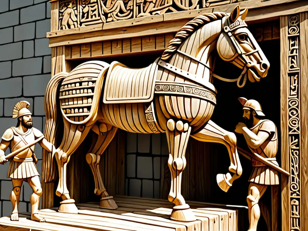 El imponente caballo de madera de Troya, ocultando soldados griegos, refleja la estrategia y engaño en la guerra mitológica