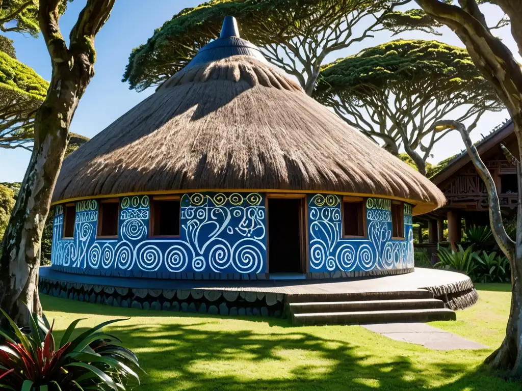 Imponente casa de reuniones Maorí tallada, con detalles intrincados y símbolos culturales