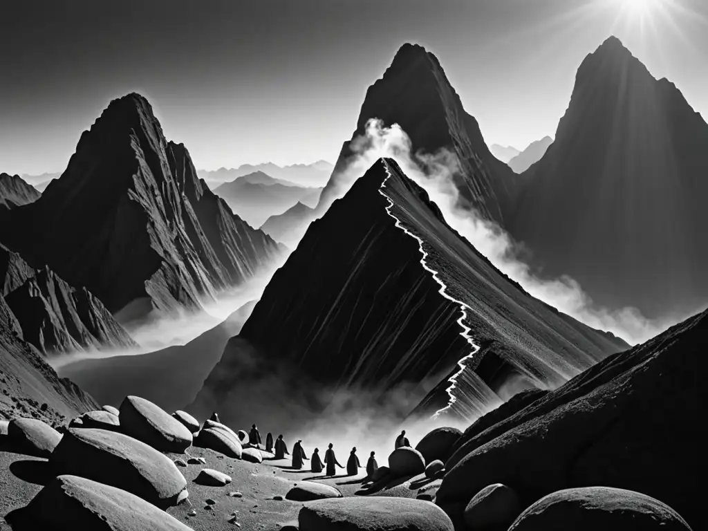 Imponente montaña con dualidad de vida y rocas, figuras de mitos Zoroástricos y Taoístas en contemplación