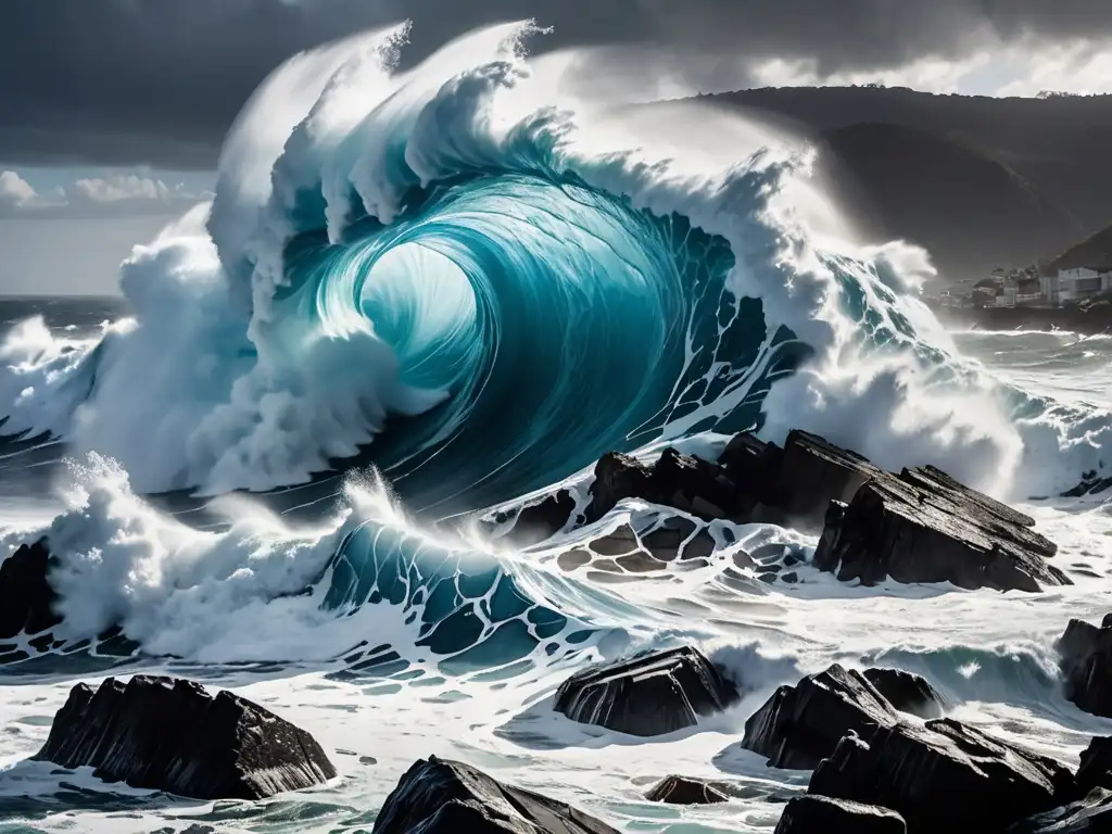 Imponente ola rompiendo en la costa rocosa, reflejando la fuerza bruta de un maremoto