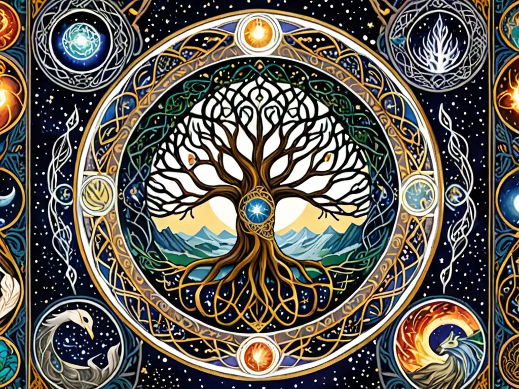 Tapestry of Norse Cosmos: Yggdrasil and the Nine Realms Imponente tapestry con conexiones cósmicas en la mitología nórdica