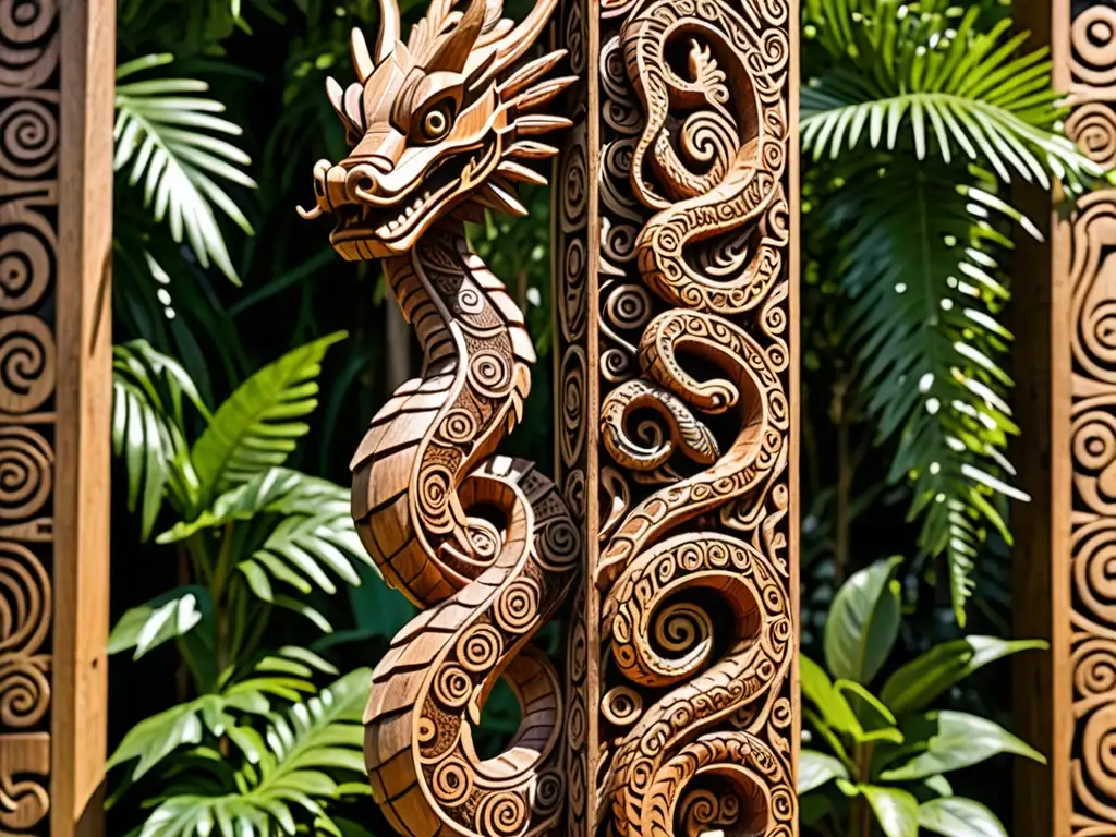 Imponente totem de madera tallada con la leyenda de la serpiente marina y guerrero samoa, destacando su arte y significado cultural