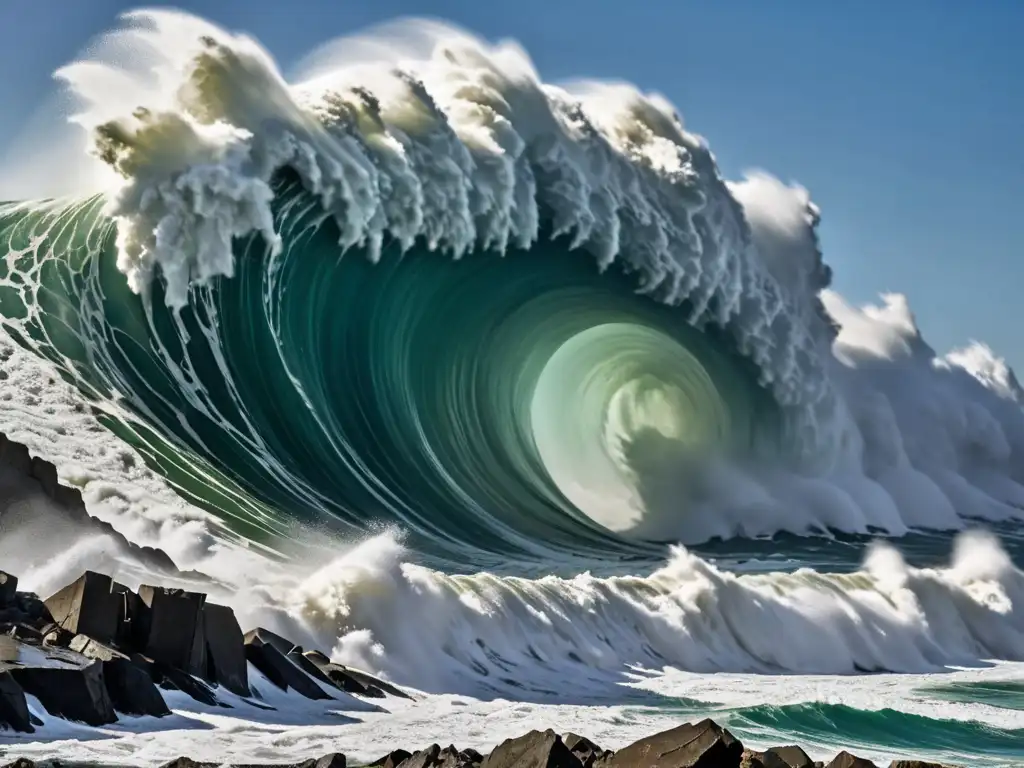Imponente tsunami arrasando una zona costera, muestra la devastación y el poder crudo de un desastre natural