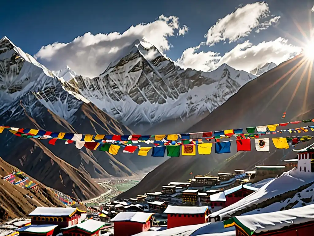 Imponentes montañas del Himalaya con banderas de oración y un monasterio tibetano, evocando los mitos y leyendas del Tíbet