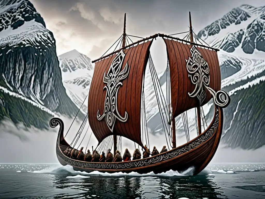 Un impresionante barco vikingo surca un fiordo neblinoso rodeado de montañas nevadas