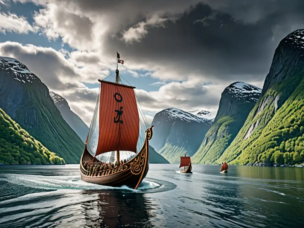 Un impresionante barco vikingo navega por los fiordos de Noruega, con guerreros vikingos a bordo