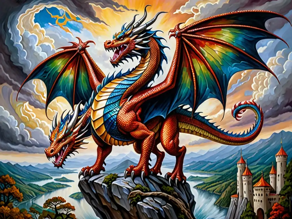 Un impresionante cuadro al óleo de un dragón mítico sobrevolando un paisaje medieval, con guerreros listos para enfrentarlo