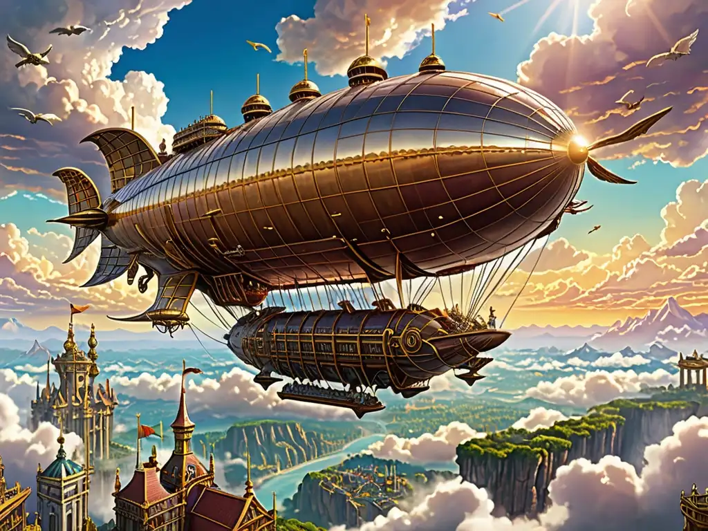 Un impresionante dirigible surca un cielo vibrante y fantástico, rodeado de detalles mecánicos y nubes