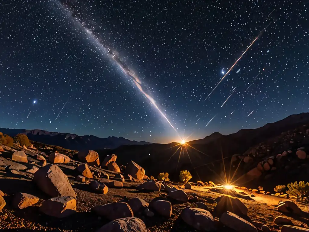 Una impresionante imagen 8k detallada de la lluvia de estrellas, capturando el significado mítico y científico