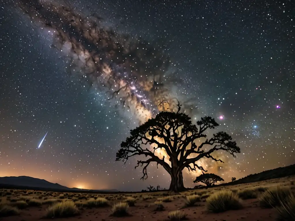Una impresionante imagen en 8k de la Vía Láctea durante la lluvia de estrellas, con un árbol antiguo en primer plano
