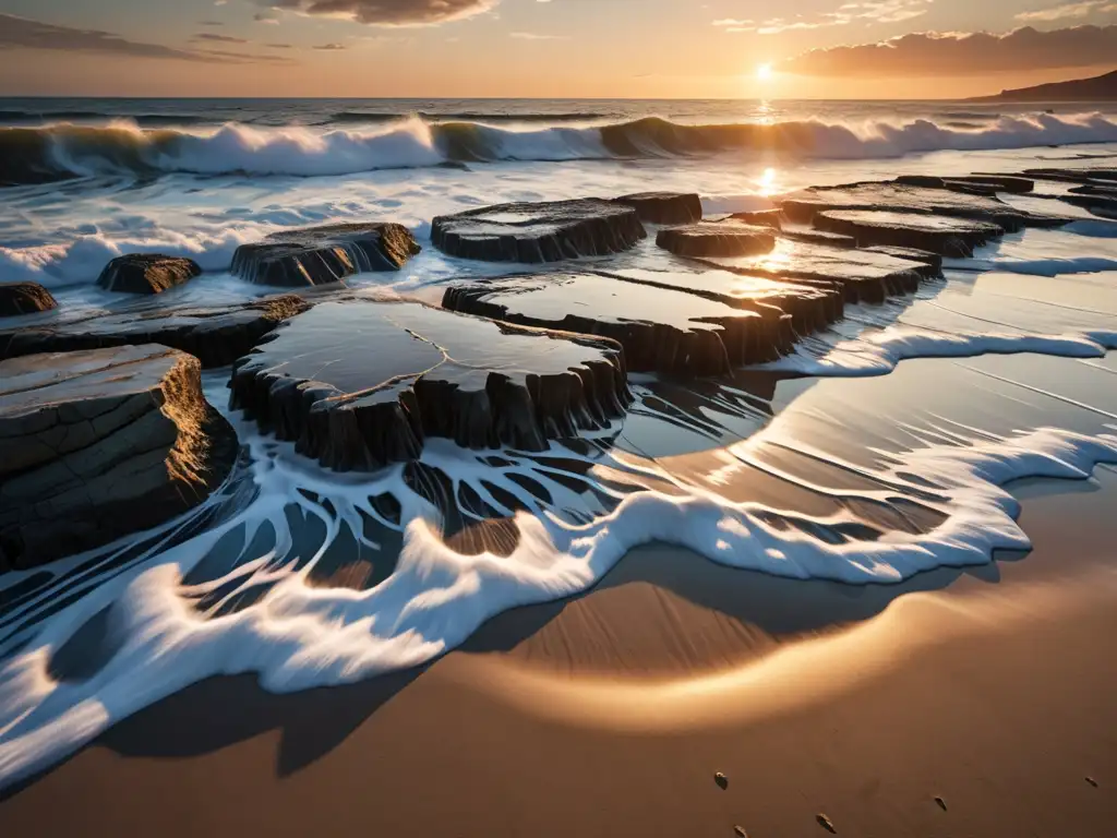 Una impresionante imagen en 8k de una serena costa al atardecer, con el vaivén de las mareas capturado en detalle