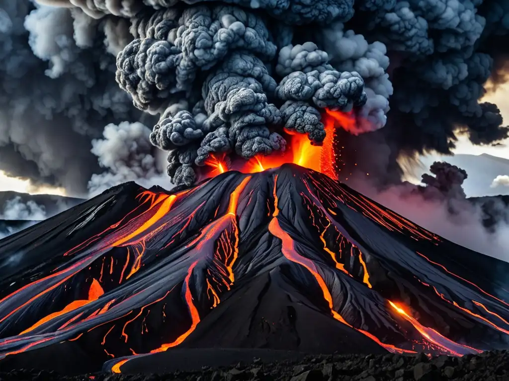 Una impresionante erupción volcánica con lava ardiente fluyendo, nubes de humo y ceniza iluminadas por su intenso resplandor