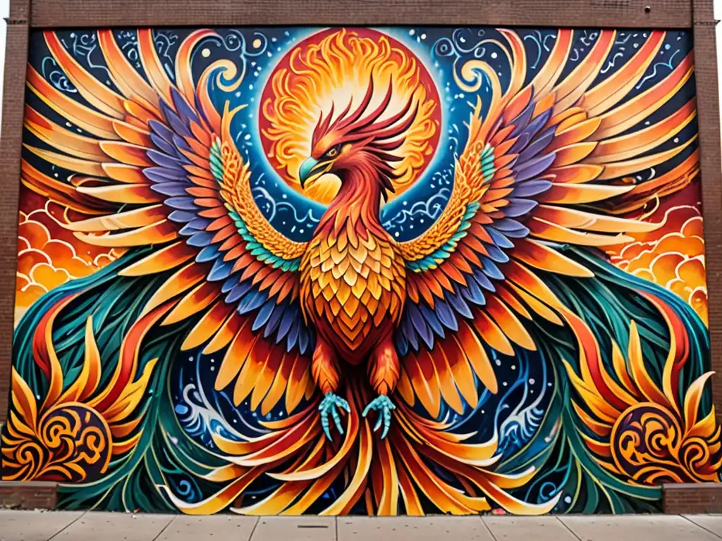 Un impresionante mural muestra un majestuoso Fénix emergiendo de las cenizas, simbolizando la renovación cíclica y la conexión con la naturaleza