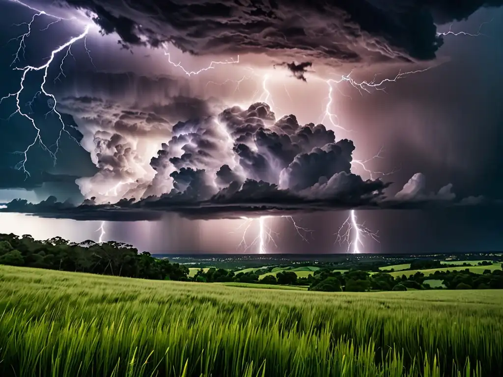 Un impresionante paisaje de tormenta con relámpagos sobre un verde exuberante