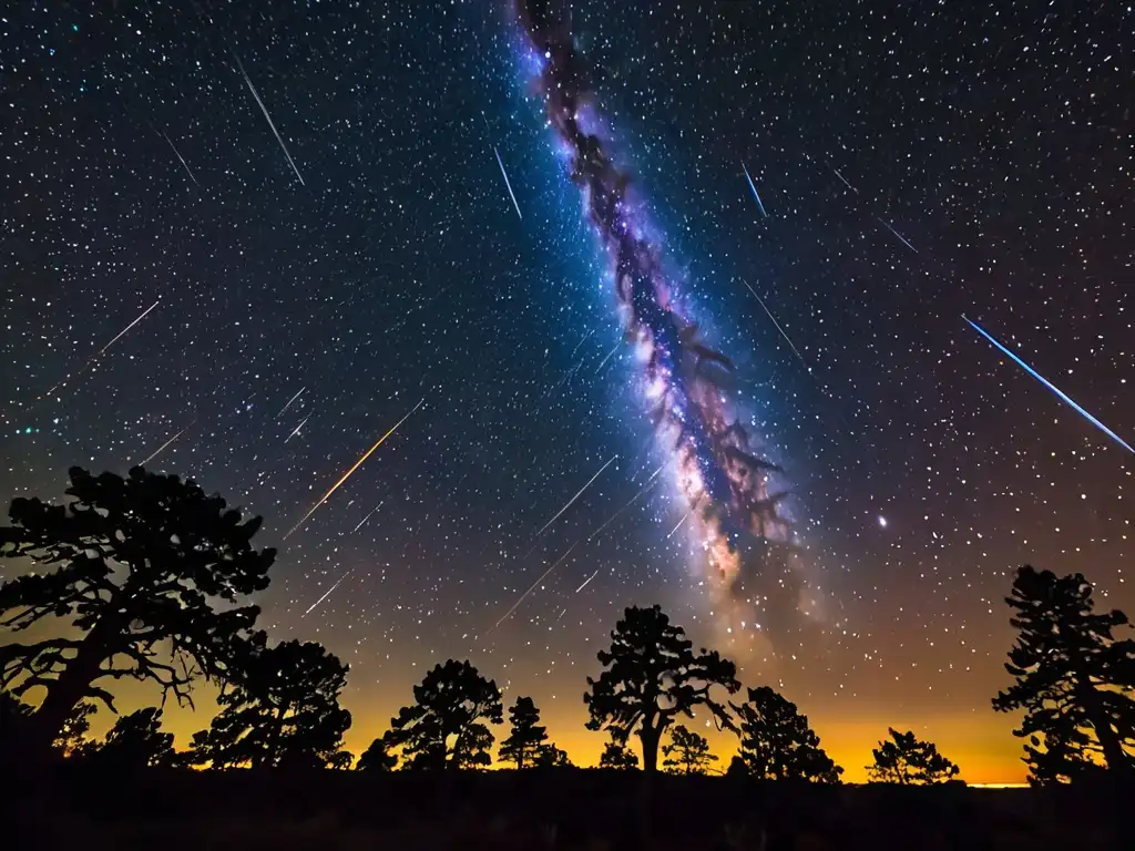 Una impresionante fotografía de alta resolución del cielo nocturno, con la lluvia de estrellas creando un espectáculo celestial
