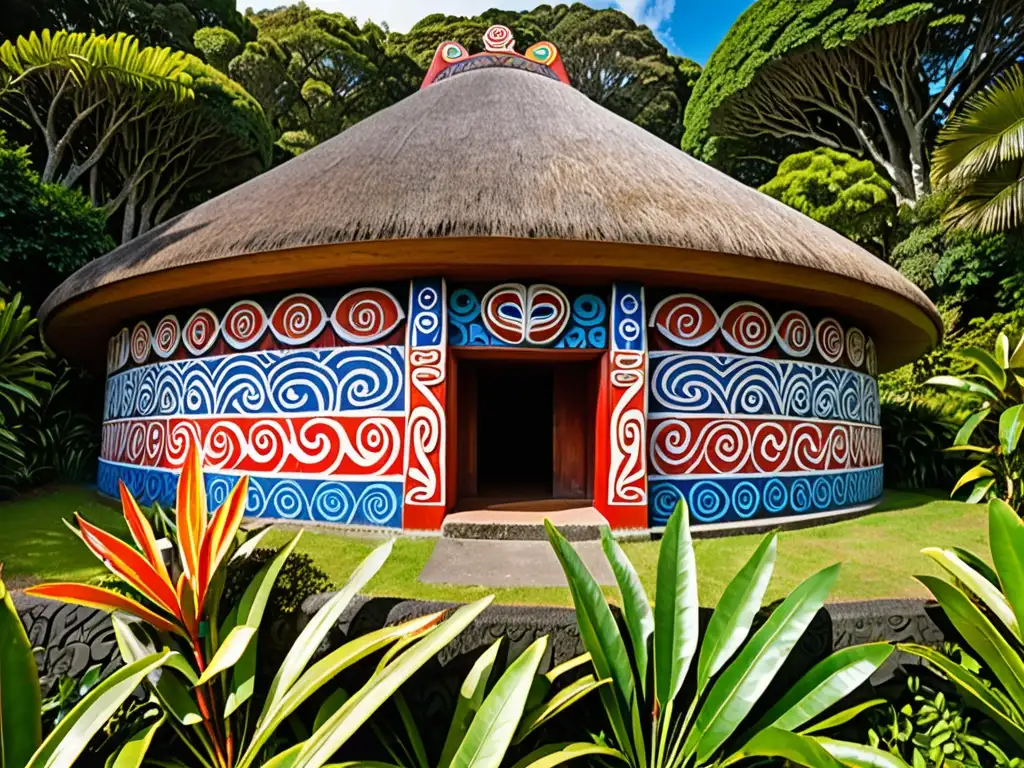 Un impresionante wharenui maorí con tallados intrincados y patrones coloridos, rodeado de exuberante vegetación y cielo azul