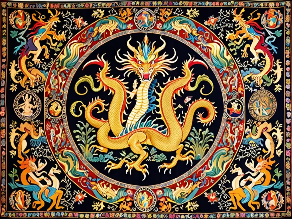 Una impresionante tapicería con escenas de la mitología europea, destacando un majestuoso dragón rodeado de figuras míticas