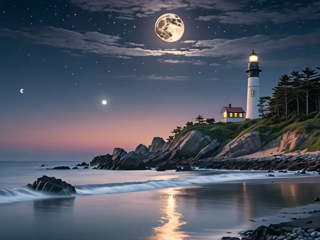 Impresionante vista de la costa serena al anochecer, con la luna y un faro, evocando mitos sobre la respiración de la tierra