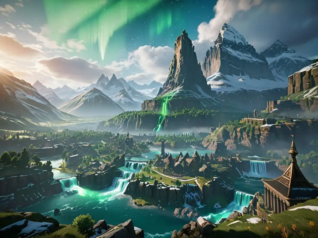 Una impresionante vista de la mitología nórdica en Assassin's Creed Valhalla, con paisajes nevados, arquitectura nórdica y la aurora boreal