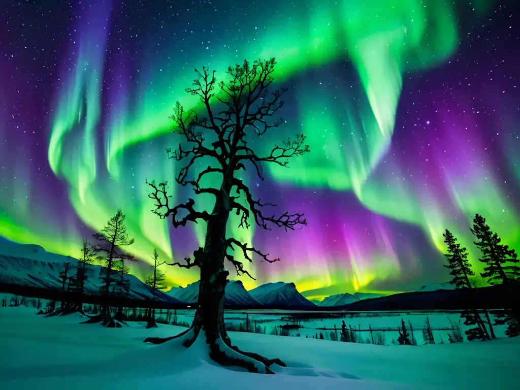Increíble aurora boreal iluminando el cielo nocturno sobre un paisaje nevado