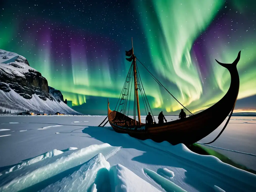 Increíble aurora boreal iluminando un paisaje nevado con un imponente barco vikingo