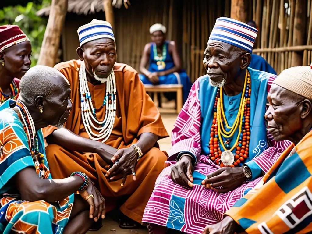 Influencia de Ifá en folklore Yoruba: Sabios ancianos Yoruba en reunión al aire libre, vistiendo ropas vibrantes, con expresiones de sabiduría