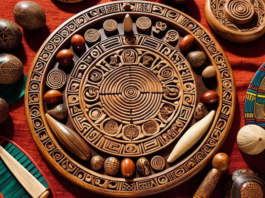 Influencia de Ifá en folklore Yoruba: Detalle de tablero de adivinación Ifá tallado en madera, rodeado de objetos rituales y un anciano en consulta