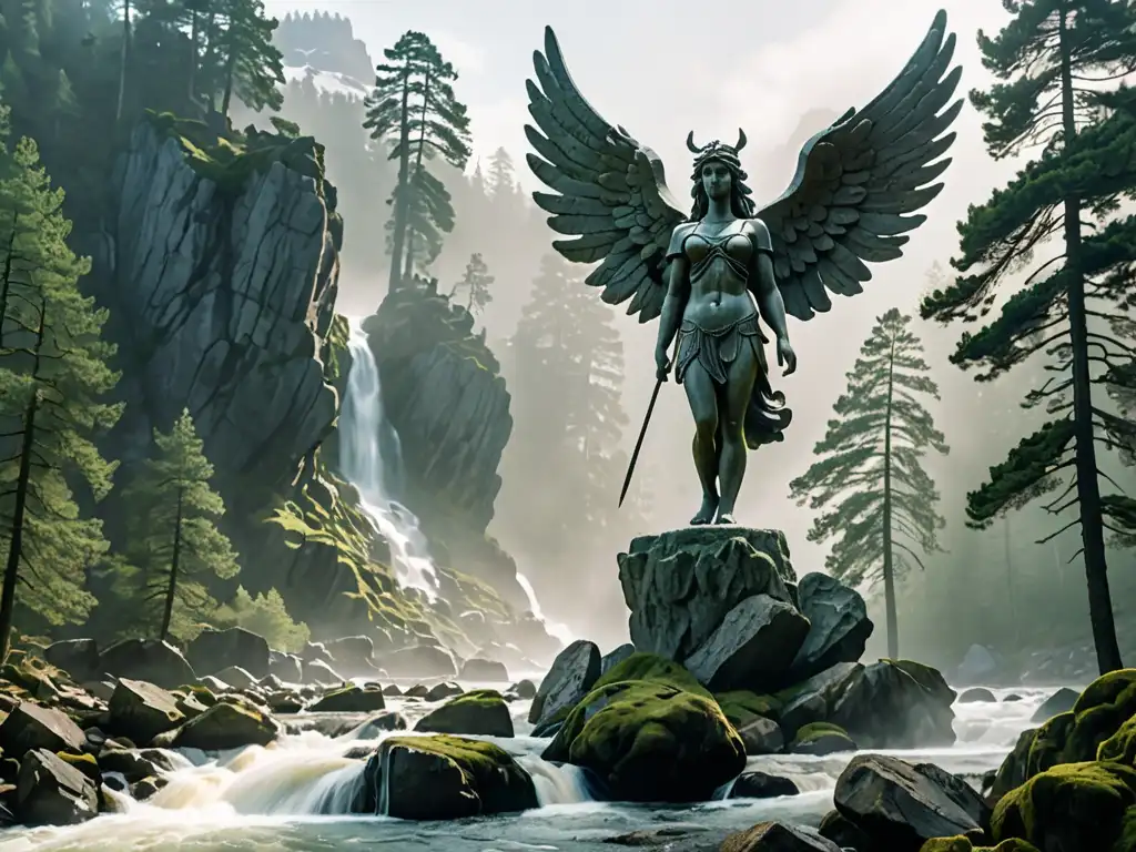 Influencia nórdica literatura fantasía: Estatua de valquiria con alas desplegadas entre pinos y río montañoso envuelto en neblina