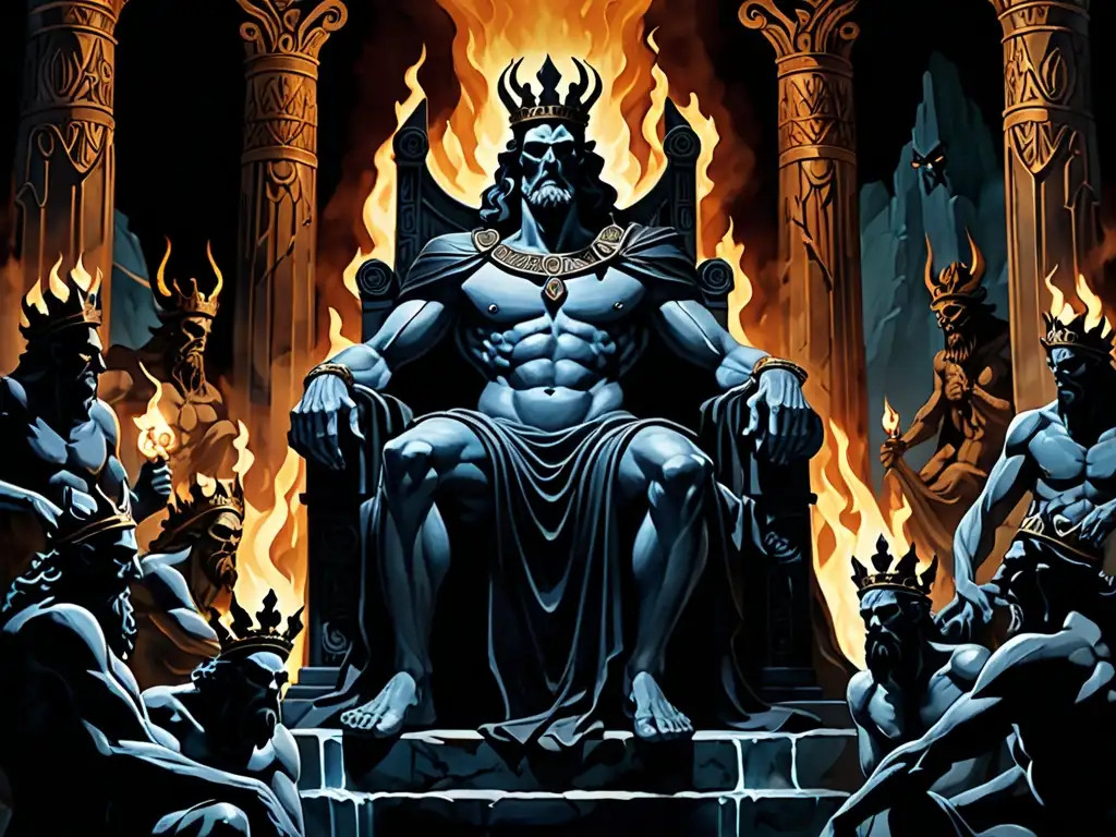 Hades, Señor del Inframundo en la mitología griega, rodeado de sombras y antorchas, refleja su poderosa presencia en el reino de los muertos