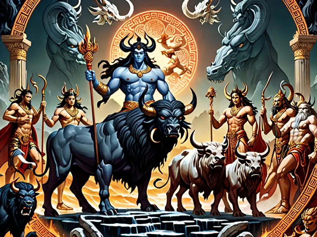 Hades y Yama, Señores del Inframundo, rodeados de sus criaturas y súbditos, en ilustración detallada de la mitología comparada