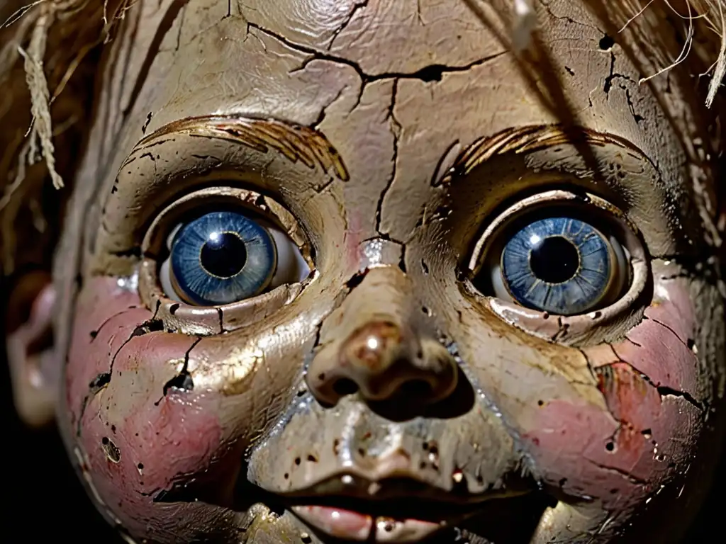 Maldición de Robert the Doll: Un inquietante primer plano iluminado por la luz, muestra el rostro desgastado y envejecido de la infame muñeca maldita