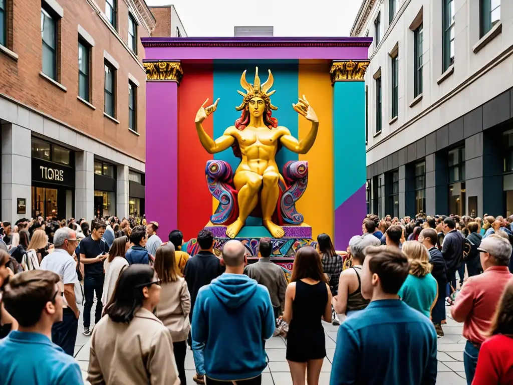 Una instalación de arte contemporáneo con reinterpretación de mitos clásicos en una ciudad