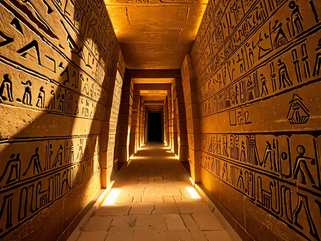 El interior del Gran Pirámide de Giza revela los intrincados jeroglíficos y pasadizos misteriosos, bañados en la suave luz natural