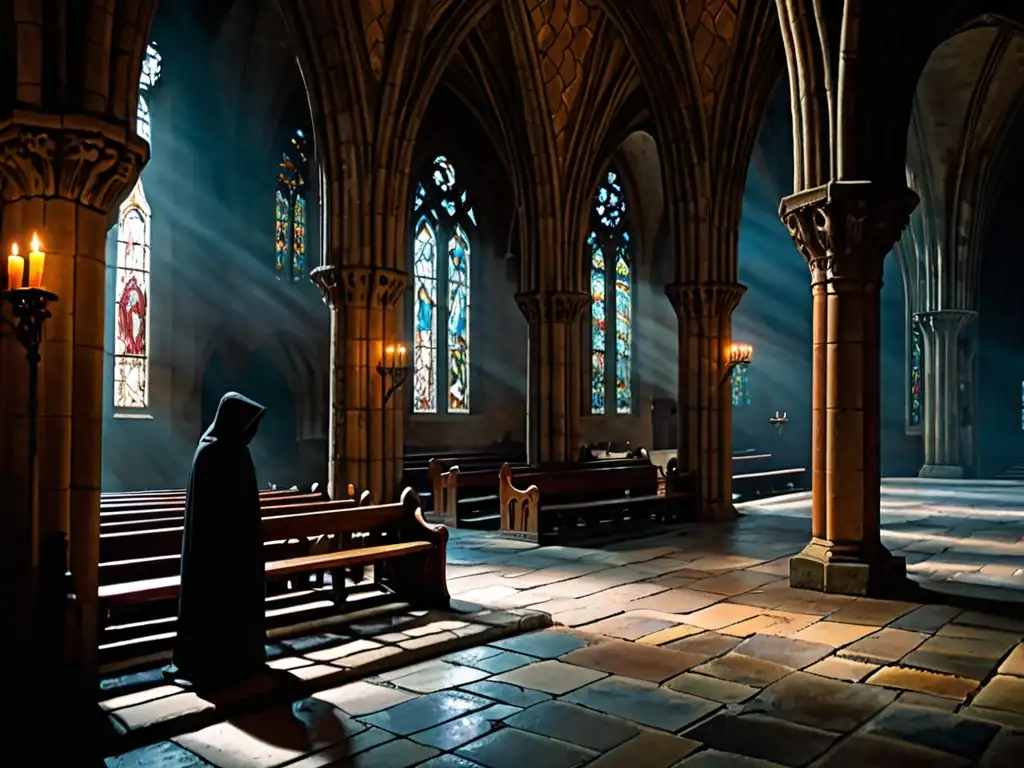 Interior medieval de catedral con vitrales espectrales y leyendas fantasmales, creando atmósfera misteriosa y religiosa