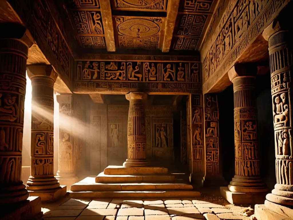 Interior de templo antiguo con carvings de figuras mitológicas, luz filtrándose y atmósfera misteriosa