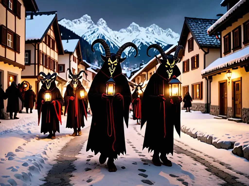 Procesión de Krampusnacht en los Alpes: ambiente invernal y misterioso con criaturas Krampus y antorchas en un pueblo alpino nevado