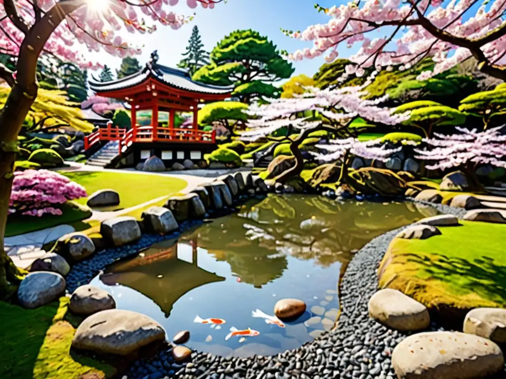 Jardín japonés con puente arqueado, estanque de peces koi y templo pagoda, evocando la filosofía asiática en Avatar
