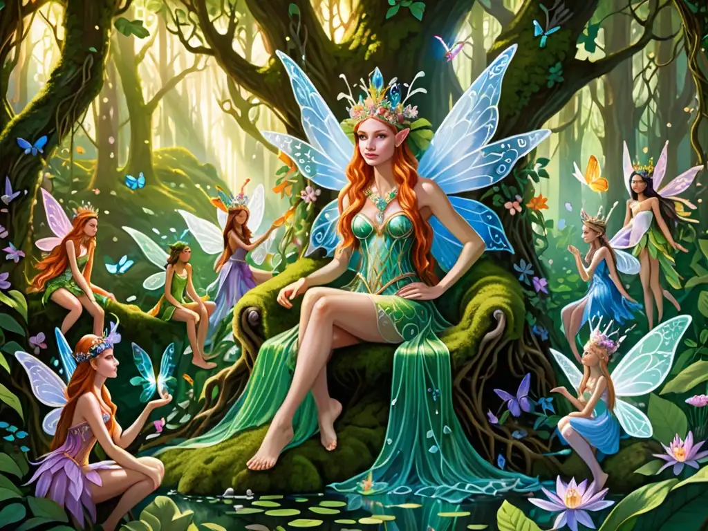 Jerarquías de hadas en el mundo feérico: la reina de las hadas y su corte rodeada de naturaleza exuberante y mágica