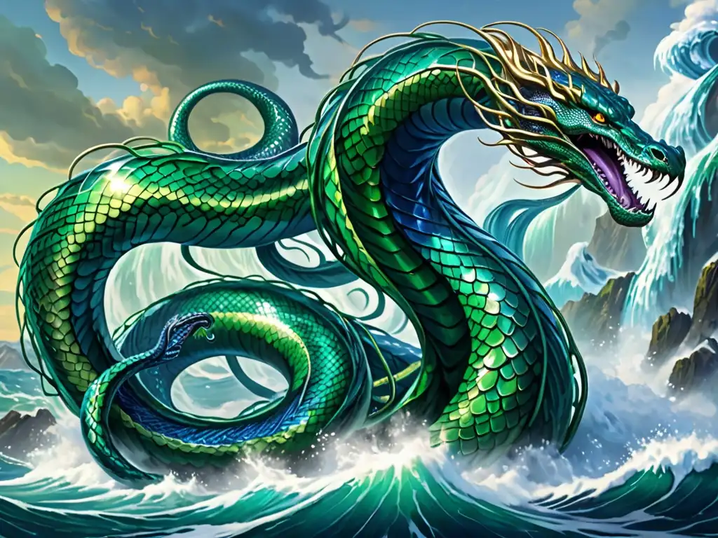 Jormungandr, serpiente del océano de Midgard, con escamas brillantes de esmeralda y zafiro, deslizándose majestuosamente entre las aguas turbulentas