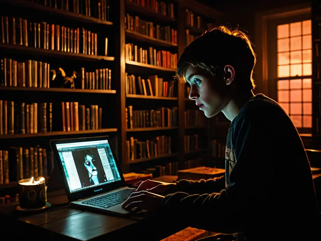 Un joven fascinado por una leyenda de Internet en una habitación tenue