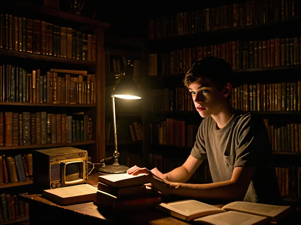 Un joven fascinado por una leyenda de Internet en una habitación tenue, rodeado de libros antiguos y tecnología vintage