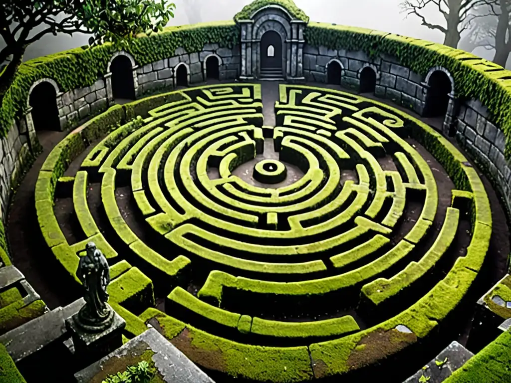 Un laberinto oscuro y misterioso, con paredes de piedra, enredaderas y estatuas antiguas