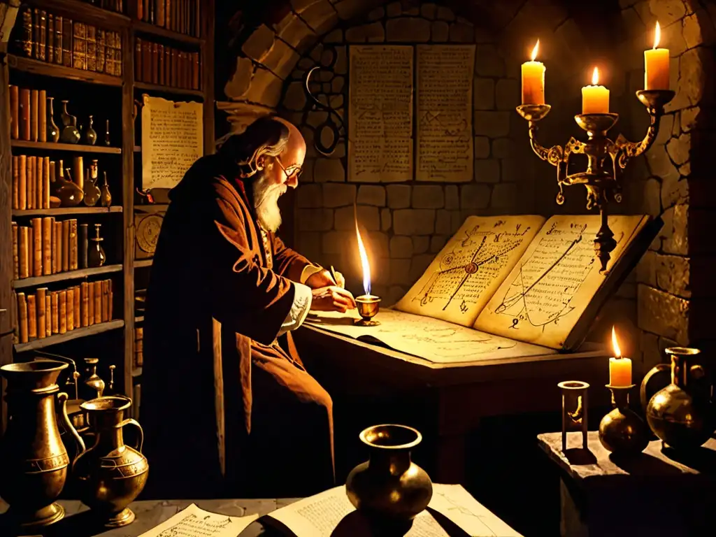 En un laboratorio alquímico antiguo, un astrólogo busca la Piedra Filosofal entre libros y cristalería detallada, iluminado por velas