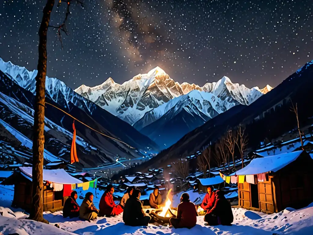Vida nocturna en aldea del Himalaya: historias junto al fuego Explorando leyendas del Himalaya: Aldeanos reunidos alrededor de fogata, entre picos nevados y cielo estrellado
