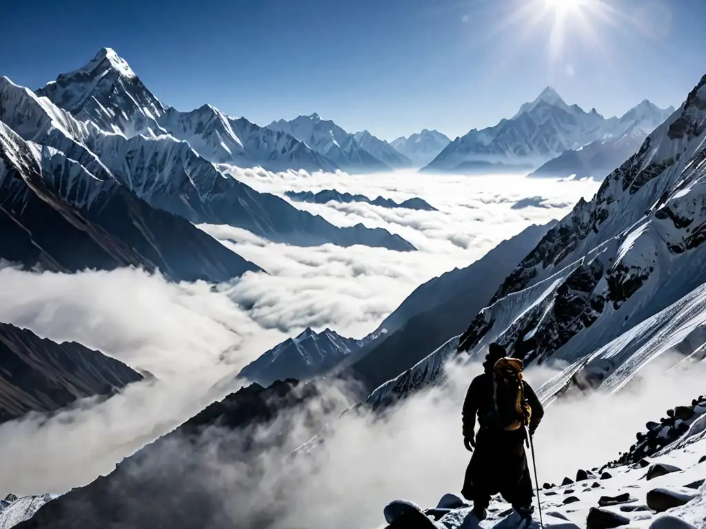 Misteriosa silueta en las montañas del Himalaya: en busca del Yeti Explorando leyendas del Himalaya: impresionante vista panorámica de las montañas nevadas, con la misteriosa silueta de una figura entre la niebla